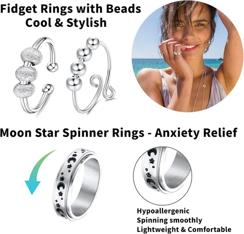 Miniatura 2 de Anillos giratorios MUCAL para ansiedad 8 piezas de anillo giratorio de acero inoxidable anillo anti ansiedad anillo giratorio con luna y estrella