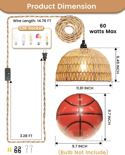 Miniatura 3 de Lámpara colgante de ratán, luces colgantes bohemias, cable de enchufe, luz colgante de ratán, enchufe en la pared, interruptor de encendido/apagado