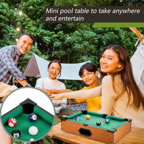 Miniatura 6 de Shappy Mini juego de mesa de billar Mesa de billar para gatos, juego de billar pequeño con 16 bolas, 2 palos de billar, 6 cubos de tiza, 6 puntas