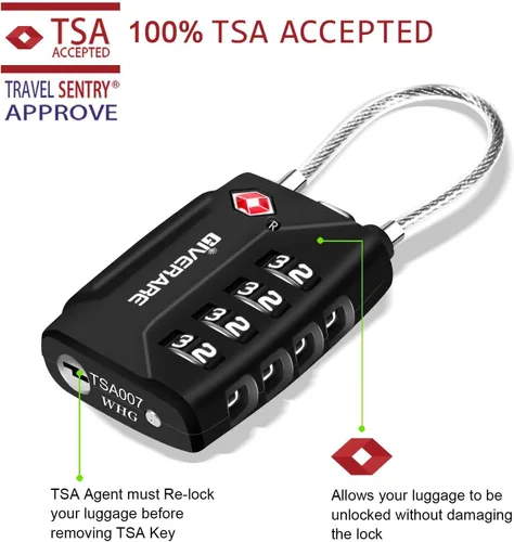 Miniatura 4 de Paquete de 2 cerraduras de equipaje de viaje aprobadas por la TSA, combinación de cables de metal de 4 dígitos, candados de aleación, candado