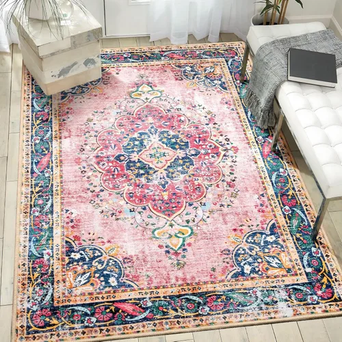 Miniatura 33 de Alfombra de área de 5 x 7 pies para sala de estar, alfombra verde boho antideslizante lavable, alfombra vintage de pelo bajo, alfombra grande