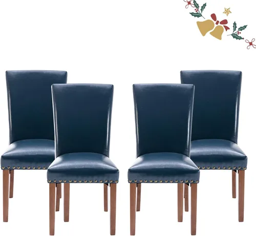 Parsons - Juego de 4 sillas de comedor, tapizadas con cabeza de clavo, de piel sintética, para comedor, cocina, con cojines gruesos y patas de Azul