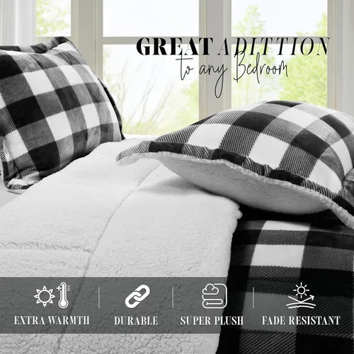 Miniatura 8 de Juego de edredón de 3 piezas Elegant Comfort con diseño de búfalo y cuadro de cabaña, lujoso, peso pesado, para todas las estaciones, con respaldo