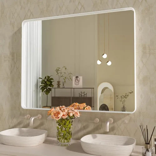 Miniatura 11 de WEER - Espejo de baño dorado, espejo de 40x32 pulgadas con marco de metal dorado cepillado, espejo de tocador de baño de oro para pared