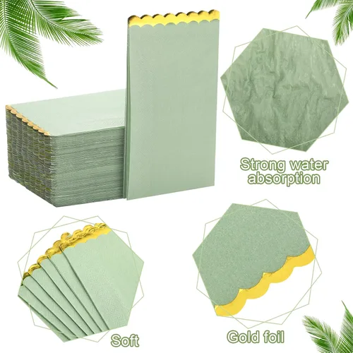 Miniatura 3 de Panelee 100 servilletas de papel verde salvia con borde festoneado dorado y bordes festoneados, toallas de mano desechables verdes para boda