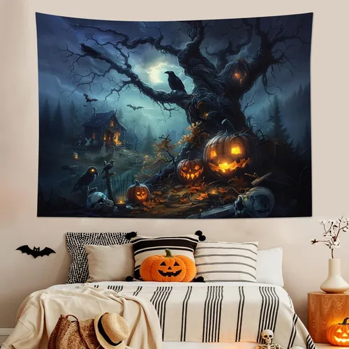 Miniatura 31 de HVEST Tapiz de Halloween para colgar en la pared, esqueleto de terror, cráneo, cementerio, calabaza, farol, bosque muerto, tapiz nocturno