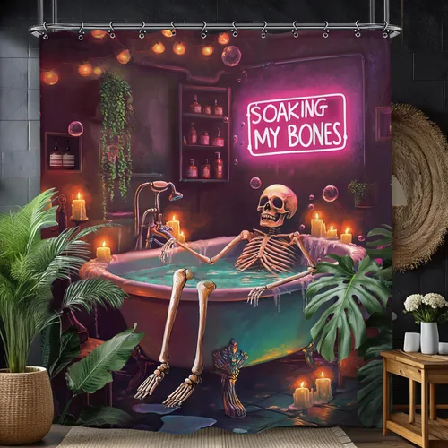 Miniatura 6 de Cortina de ducha de Halloween con diseño de esqueleto de neón de 60 pulgadas de ancho por 71 pulgadas de alto, diseño divertido de calavera
