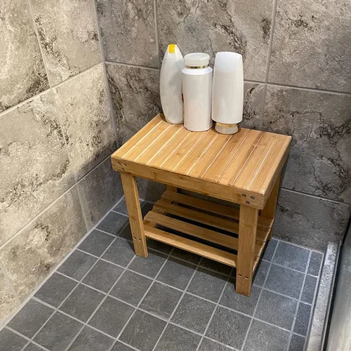 Miniatura 7 de HOIGON Paquete de 2 taburetes de ducha de bambú de 13 pulgadas, taburete de madera con carcasa de almacenamiento, taburetes antideslizantes