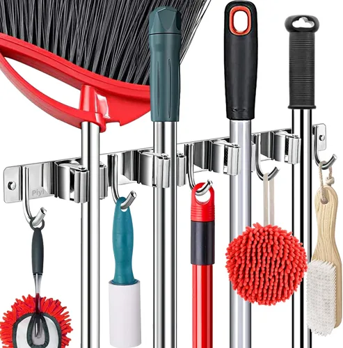 Soporte para trapeador de escoba de montaje en pared, organizador de metal para almacenamiento de garaje, jardín, cocina, herramientas con 4
