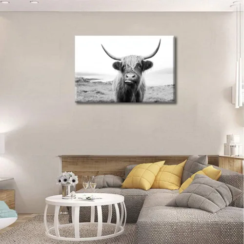 Miniatura 3 de Arte de pared en blanco y negro con diseño de vaca escocesa de las tierras altas en la Isla de Mull impresiones sobre lienzo, decoración del hogar