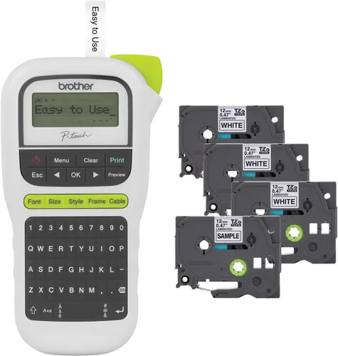 Brother P-Touch, PTH110BP, paquete de etiquetadora portátil fácil (4 cintas de etiquetas incluidas), blanco, pequeño