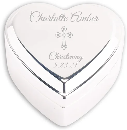 Cherished Moments Caja de recuerdo de joyería de corazón personalizada con cruz grabada personalizada y nombre para regalo de bautizo de bebé para