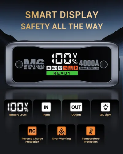 Miniatura 3 de MOSTOOL M6 4000A Arrancador con pantalla HD inteligente, paquete de arranque portátil de 12V y refuerzo de batería de coche con carga rápida