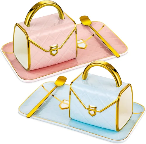 Miniatura 6 de Nitial Juego de 2 tazas y platillos en forma de bolso de 10 onzas/10.5 fl oz de cerámica, taza de té con cuchara de platillo para oficina, hogar