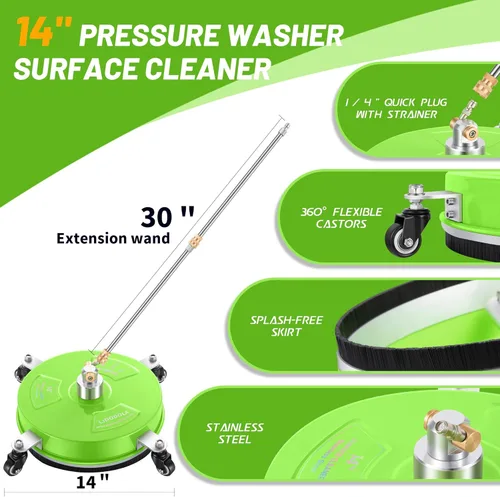 Miniatura 2 de Limpiador de superficies para hidrolavadora de 14 pulgadas con 4 ruedas - Limpiador de superficies de acero inoxidable recubierto verde