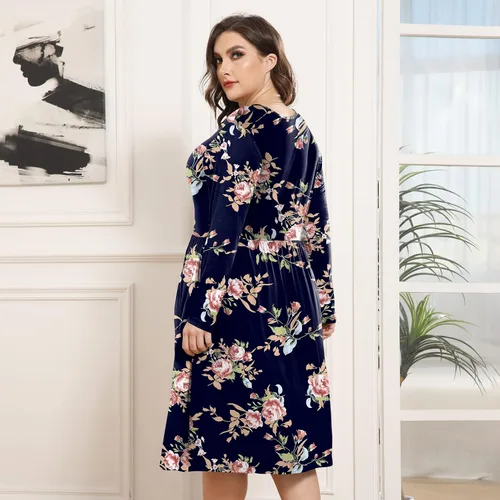 Miniatura 2 de POSESHE Vestidos de talla grande para mujer, manga larga, cuello redondo, vestidos casuales de cintura imperio, vestido suelto con bolsillos