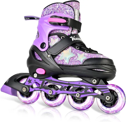 Kuxuan Patines en línea ajustables para niños con ruedas iluminadas, divertidos patines iluminadores para niños, niñas y jóvenes Estrella morada