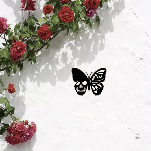 Miniatura 5 de CREATCABIN Decoración de pared de metal con diseño de calavera y mariposa, para colgar en la pared, letrero de escultura de hierro para interiores