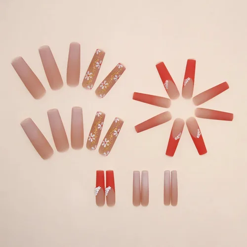 Miniatura 3 de IMSOHOT Uñas postizas, acrílicas de color naranja mate, puntas francesas cuadradas, 24 unidades, uñas extra largas con pegamento con bonitos diseños