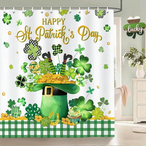 Miniatura 8 de Juego de cortinas de ducha navideñas con acebo, cortinas de ducha impermeables de Navidad, cortinas de baño de tela con 12 ganchos para decoración