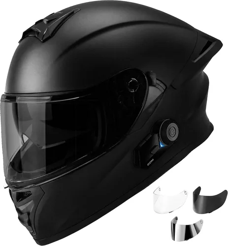 GDM Casco de motocicleta Bluetooth de cara completa con 3 viseras transparente, tintado, cromado