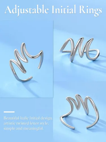 Miniatura 5 de SILVERCUTE Anillos con iniciales S925, tamaño ajustable 6-12, letra del alfabeto A-Z, joyería personalizada con iniciales trenzadas, anillos