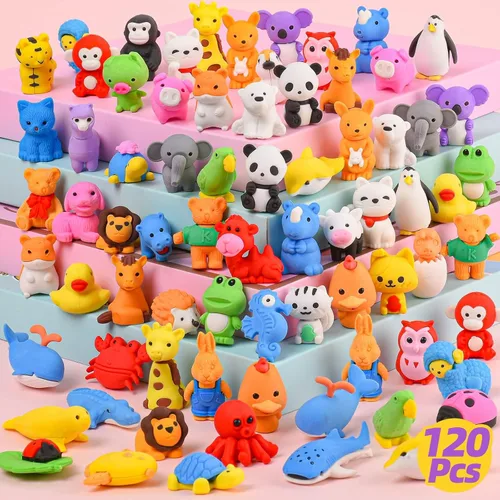 Kaemi 120 borradores de animales para niños, escritorio, mascotas, borradores 3D a granel, desarmables, rompecabezas de lápices, juguetes para Goma