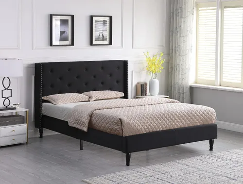 Miniatura 3 de Base de cama de plataforma tapizada Queen con cabecera de 45 pulgadas y base ajustable, cama de lino con botones copetudos, soporte de listones