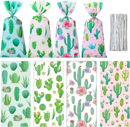 Fulmoon 100 bolsas de caramelos de cactus florales con lazos, bolsas de celofán con lazos, regalos de fiesta, regalo de cactus, decoraciones de