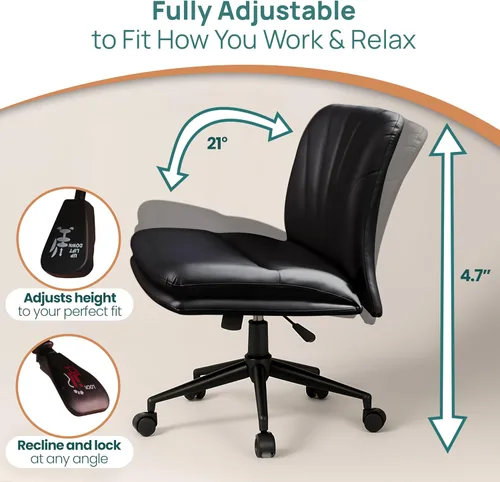 Miniatura 8 de NYPOT Silla de escritorio sin brazos con ruedas para sentarse entrecruzada, silla sin brazos anchos con patas cruzadas, taburete giratorio ajustable
