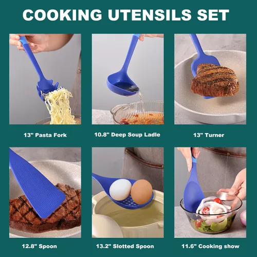 Miniatura 5 de Juego de utensilios de cocina de 13 piezas, juego de utensilios de cocina de silicona azul con 5 cuchillos de cocina, juego de espátulas no tóxicas
