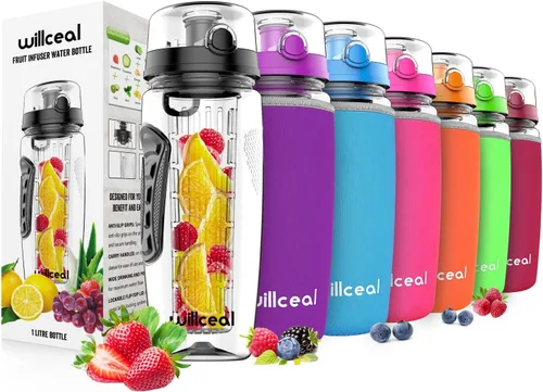 Miniatura 12 de Botella de agua con infusor de frutas de 32 onzas, duradera, grande, sin BPA, Tritan con tapa abatible, diseño a prueba de fugas, deportes, camping