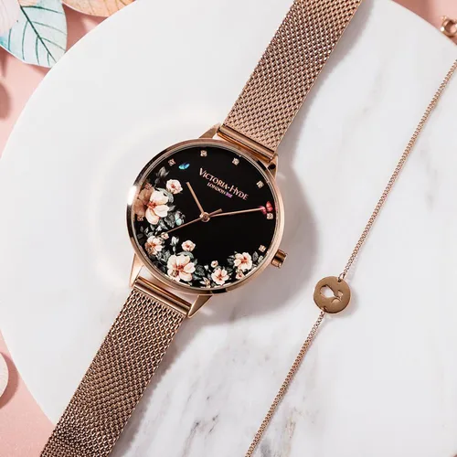 Miniatura 8 de VICTORIA HYDE Relojes de cuarzo para mujer, esfera floral con correa de malla de acero inoxidable, correa de cuero auténtico, impermeable, reloj