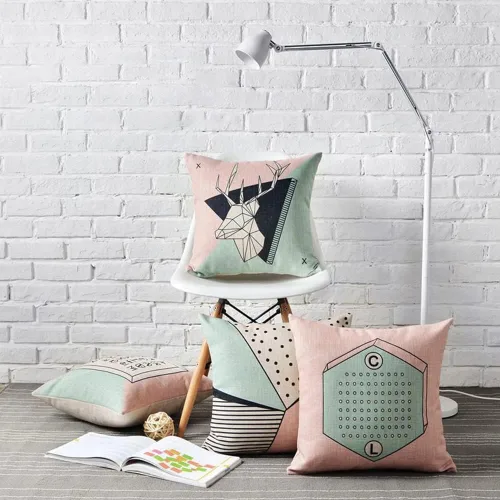Miniatura 6 de Juego de 4 fundas de almohada geométricas de ciervo negro y verde de 18 x 18 pulgadas con forma de corazón, fundas decorativas para el hogar, sofá