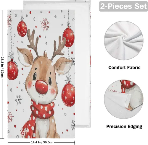 Miniatura 2 de Vdsrup Juego de 2 toallas de mano de reno de Navidad, diseño de ciervos de invierno, juego de 2 toallas de baño con copos de nieve, toalla suave