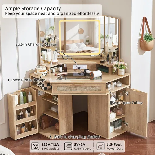 Miniatura 4 de Lerliuo Tocador Esquinero con Espejo de 3 Vías y Luces, Tocador de Maquillaje de Ratán de 46'' con Cajón Superior de Cristal, Gabinetes de Madera