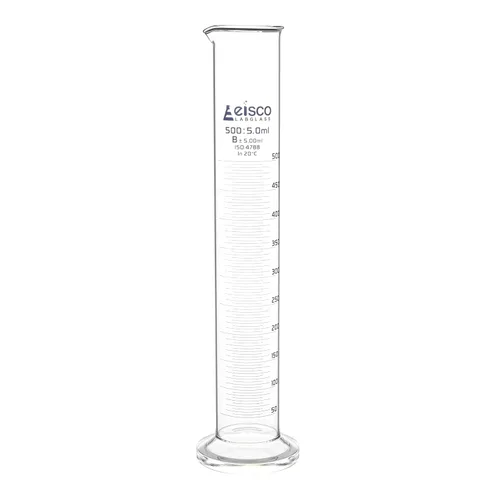 EISCO Cilindro graduado, 16.9 fl oz - Tolerancia clase B ±5.0.0 fl oz - Base redonda - Graduaciones azules - Vidrio de borosilicato 3.3