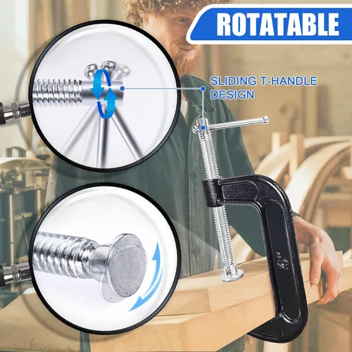 Miniatura 4 de Juego de 8 abrazaderas C de 4 pulgadas de acero resistente con marco de hierro fundido, mango en T deslizante, más estabilidad, abrazaderas masivas