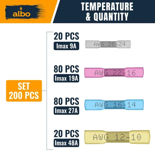 Miniatura 2 de ALBO Juego de 200 piezas conectores de empalme termorretráctiles mixtos de 26-10 AWG - Cobre estañado - Conectores de alambre de engaste aislados