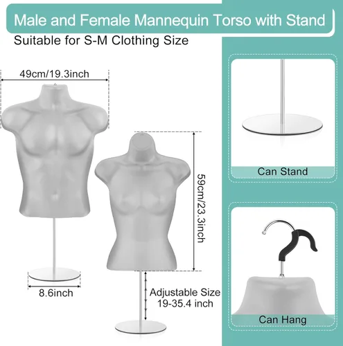 Miniatura 2 de Sintuff Paquete de 2 maniquíes masculinos y femeninos con soporte de metal, ganchos para colgar, forma de vestido, camisa con espalda hueca