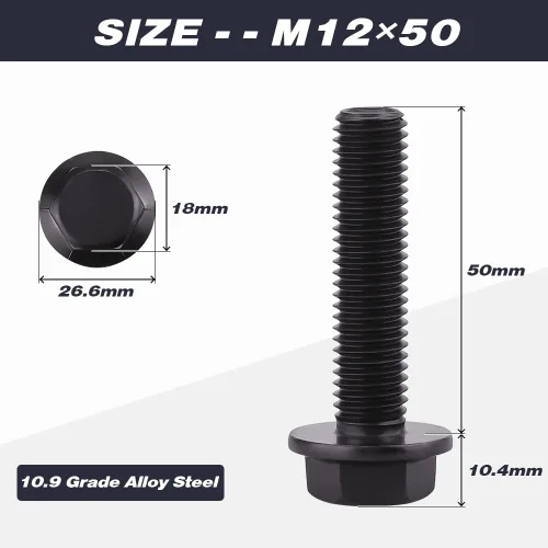 Miniatura 3 de M12-1.75 x 50 mm (6 piezas) Tornillos de perno hexagonal con brida acabado negro óxido, grado 10.9 acero de aleación, perno de cabeza de arandela
