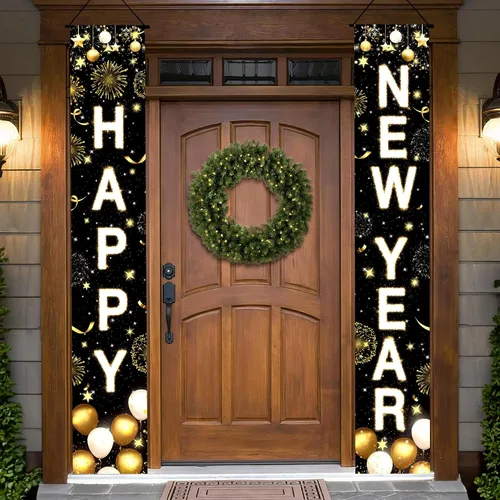 Miniatura 10 de KatchOn XtraLarge Pancarta de Feliz Año Nuevo 2026 – 72 x 12 pulgadas Pancarta de puerta de Feliz Año Nuevo negra y dorada para decoraciones