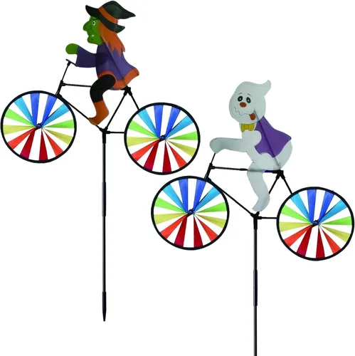 Paquete de 2 ruedas giratorias de bicicleta de bruja y fantasma de Halloween de 20 pulgadas, molinos de viento con estacas, molinos de viento para
