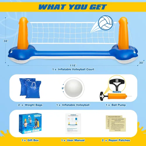 Miniatura 6 de Juego de voleibol de piscina de 118 pulgadas, cancha de voleibol inflable con 2 bolsas de peso, pelota de PVC y bomba mejoradas, divertidos