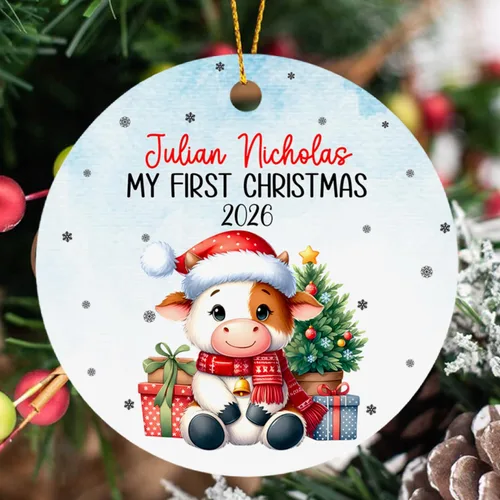 Adorno de Navidad de vaca bebé 2025, adorno personalizado de mi primera Navidad para padres recién nacidos, regalo de recuerdo de primera Navidad de