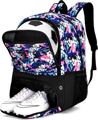 Miniatura 13 de Hsmihair - Bolsa de fútbol - Mochila de fútbol y mochila para fútbol, voleibol y baloncesto, con compartimento para pelota y tacos separados Azul