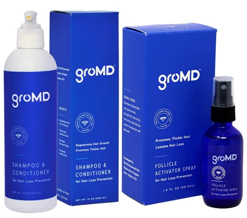 GroMD Folículo activador en aerosol y champú estimulante del crecimiento del cabello y acondicionador – Biotina, aceite de argán, péptidos de cobre,