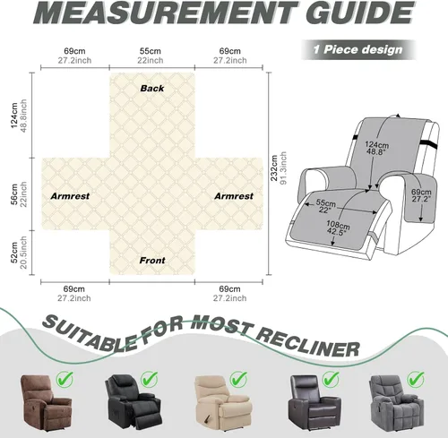Miniatura 5 de TAOCOCO Funda de sofá reclinable 100% impermeable con consola, funda de sofá reclinable reversible para 2 asientos con correas para las piernas