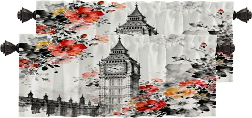 Miniatura 41 de Cortinas opacas de cocina con pintura al óleo de Europa rosa y negra para ventanas, cenefas opacas modernas de torre Eiffel de poliéster multicapa