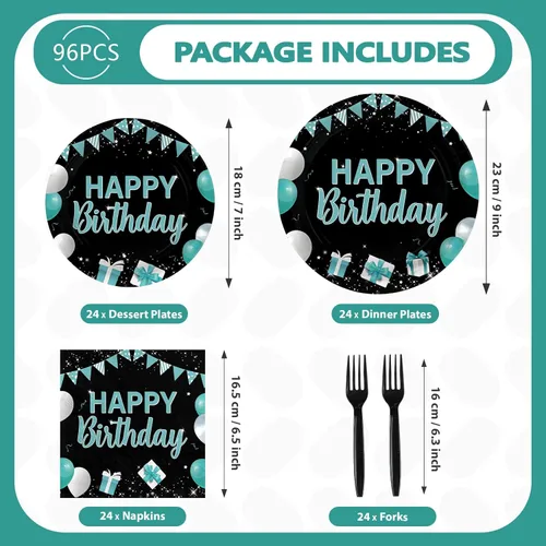 Miniatura 5 de 96 piezas de suministros para fiesta de feliz cumpleaños, decoraciones de color verde azulado y negro, 350 GSM, desechables, turquesa, juego